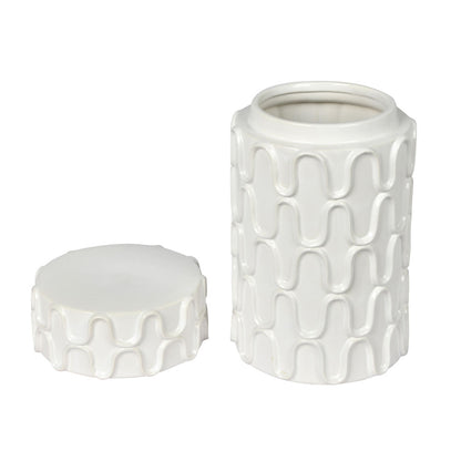 Vickerman 12" White Ceramic Container with Lid. This versatile container can pair with faux floral stems or stand as a simple decorative piece with the lid. It measures 12" H x 6.5" W.   100% CERAMIC