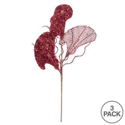 Vickerman 20" Red Fiddle Leaf GlitterArtificial Christmas Spray. Includes 3 sprays per pack.