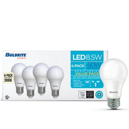 Bulbrite 774248 8.5W LED A19 60W EQUIV BASICS NON-DIMMABLE 3000K E26 120V - 4PK