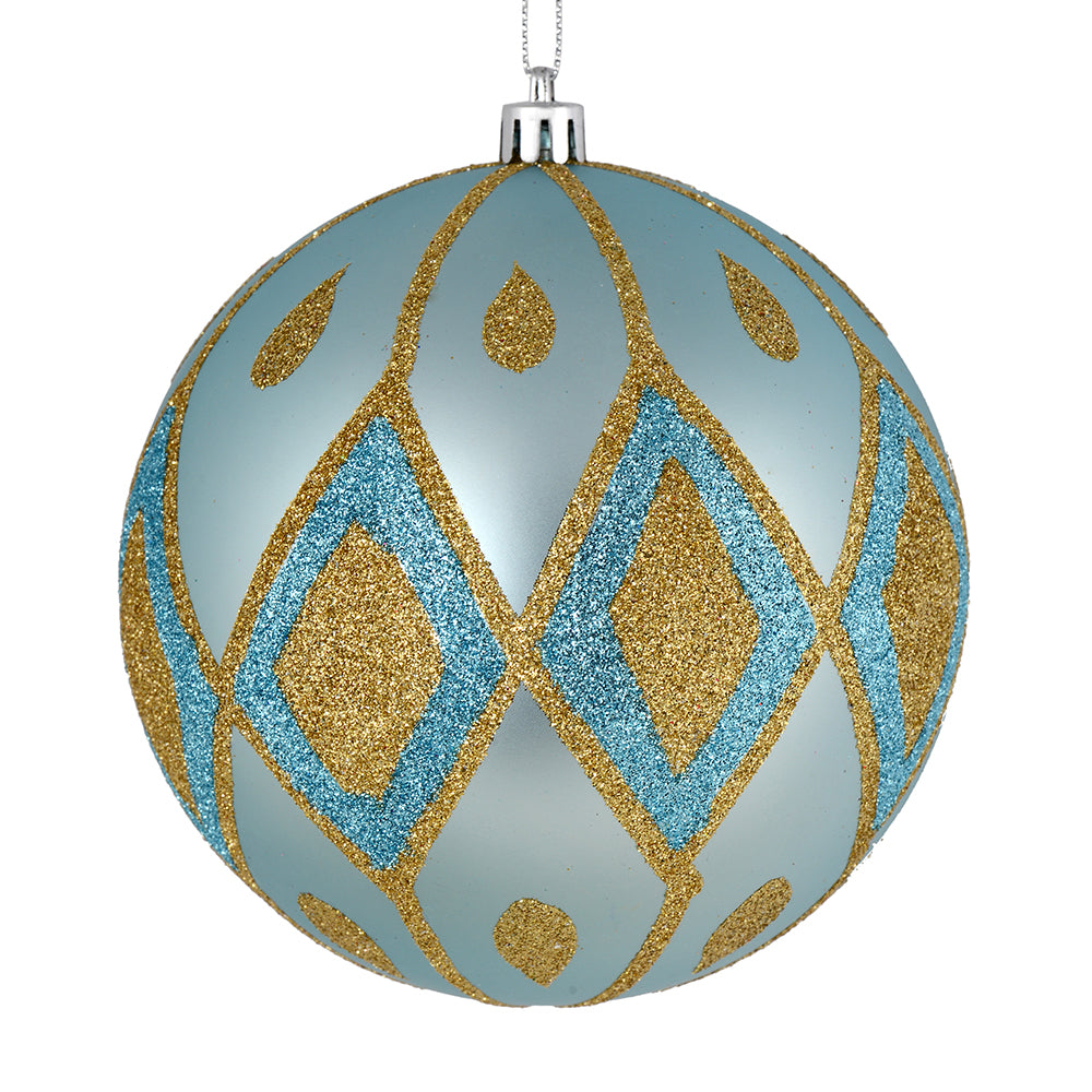 Vickerman 6" Baby Blue Matte Ball with Glitter Diamond Pattern. Add variety and sparkle to your holiday arrangement with this matte ornament that features a glitter pattern. Includes 3 pieces per bag. Made with shatterproof plastic. Ornament has a drilled