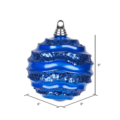 Vickerman 8' Blue Stripe Candy Finish Wave Ball Christmas Ornament with Glitter Accents