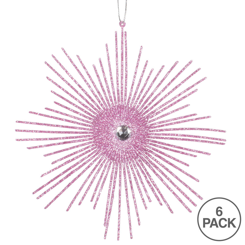 Vickerman 6.5" Pink Snowflake Burst Glitter Christmas Ornament 6 per Bag