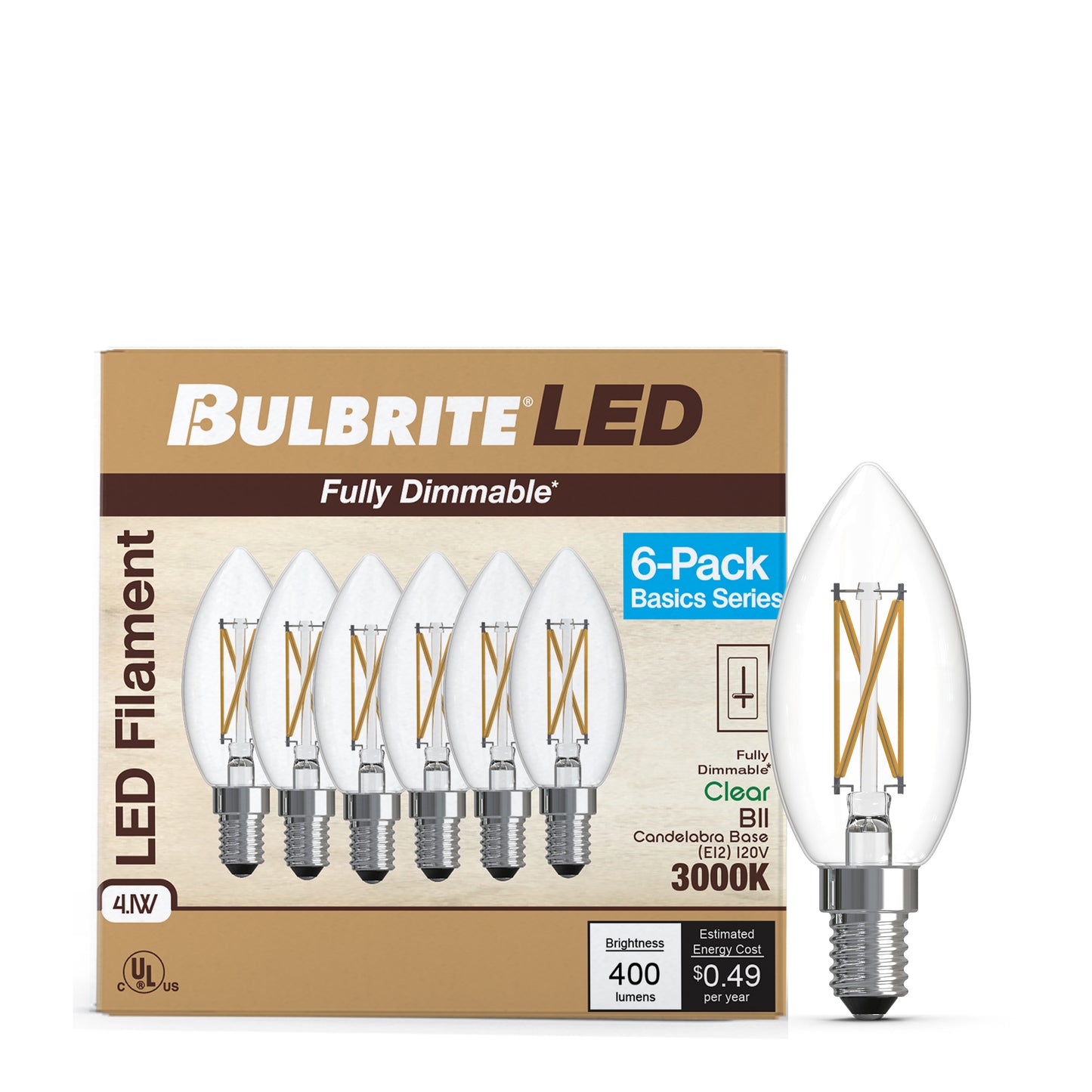 Bulbrite 776230 LED Filament Pack of 6, 4.1 Watt Dimmable B11 Light Bulb with Clear Finish and Candelabra Screw E12 Base - 3000K(Soft White Light), 400 lumens
