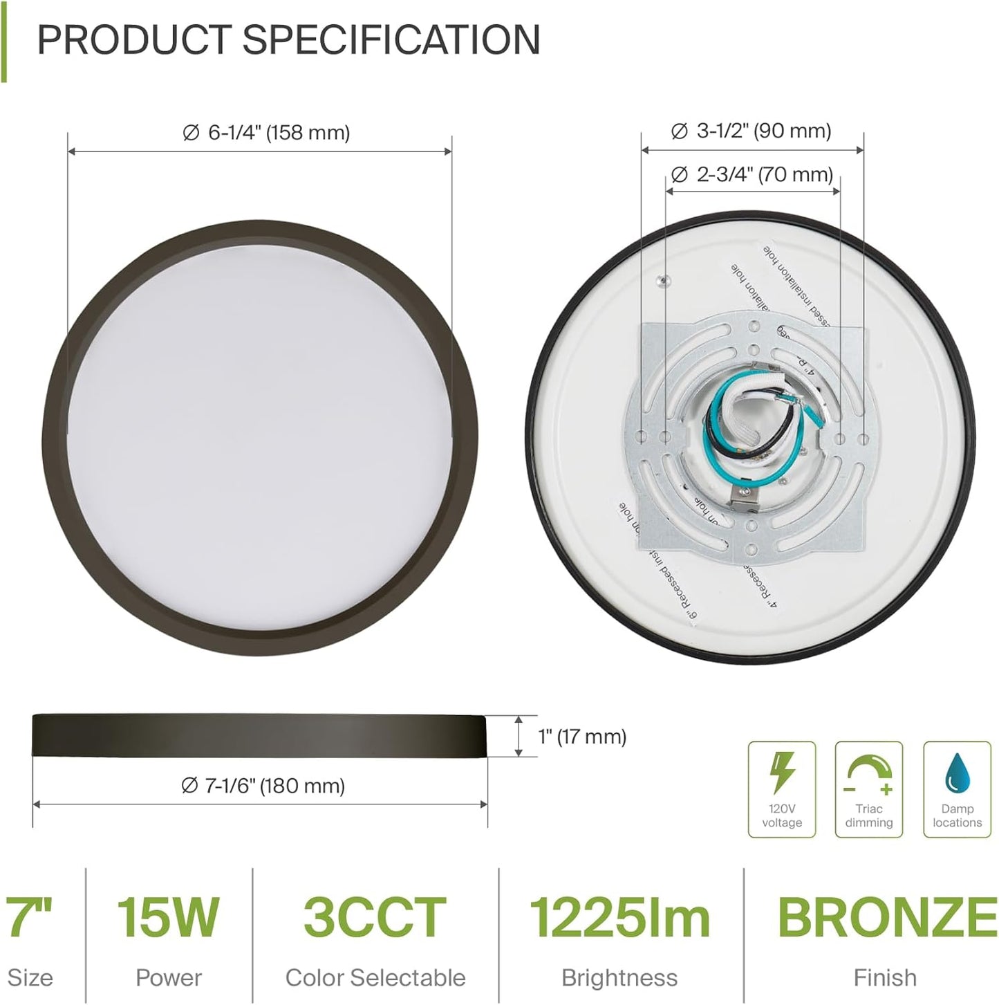 ASD Lighting LED Round Surface Mini Panel 7" 15W 120V CCT Selectable 3000/4000/5000K Dimmable Oil Rubbed Bronze ETL Energy Star 6pack