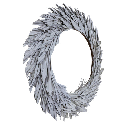 Vickerman Natural Botanicals 24" White Washed Canna Leaf Wreath. This wreath measures 24 inches in diameter. It features white washed canna leaves on a coco fiber base. This is a dried and preserved natural product.