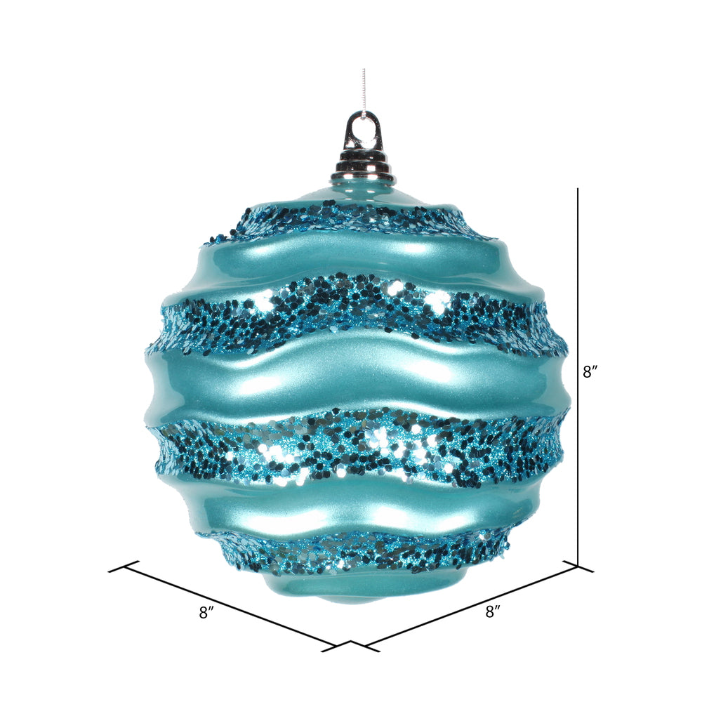 Vickerman 8' Turquoise Stripe Candy Finish Wave Ball Christmas Ornament with Glitter Accents