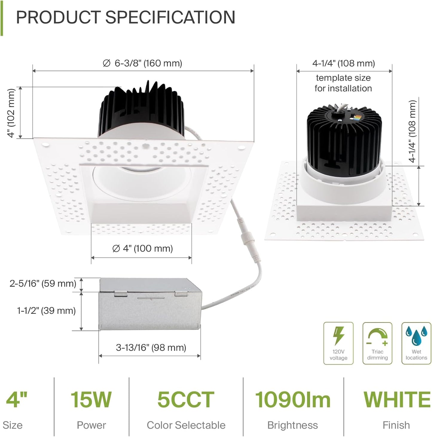 ASD Lighting LED Trimless Downlight Square 4inch 15W 120V Triac 2700/3000/3500/4000/5000K White ETL Energy Star