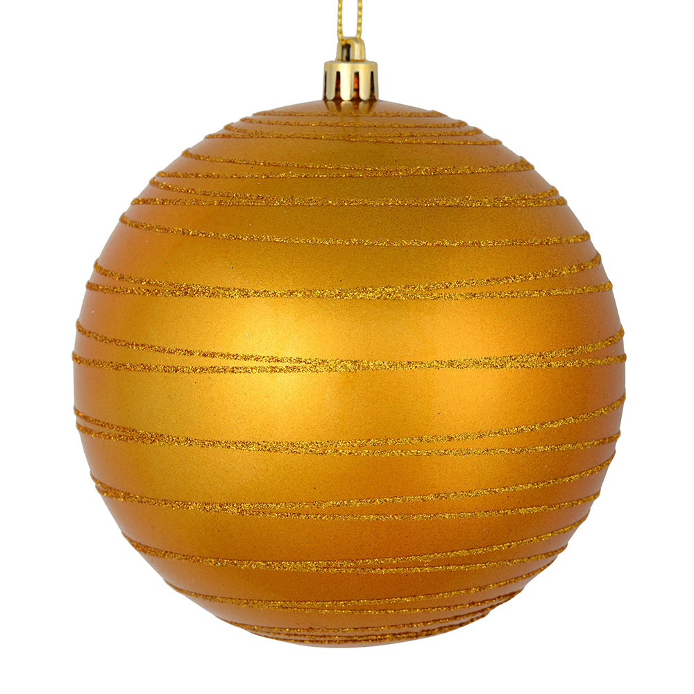 Vickerman 4" Antique Gold Candy Finish Ball Ornament with Glitter Lines 4 per Bag