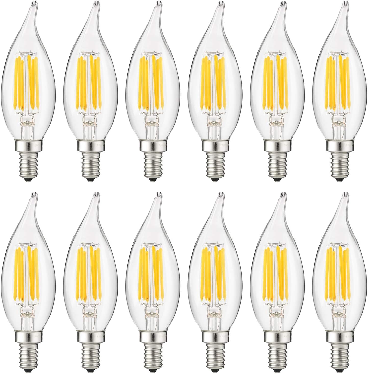 Sunlite 80674 LED Filament CA11 Flame Tip Chandelier Light Bulb, 5 Watts  (60W Equivalent), 600 Lumens, Candelabra Base (E12), Edison style, Dimmable, ETL Listed, 5000K - Super White 12 Pack