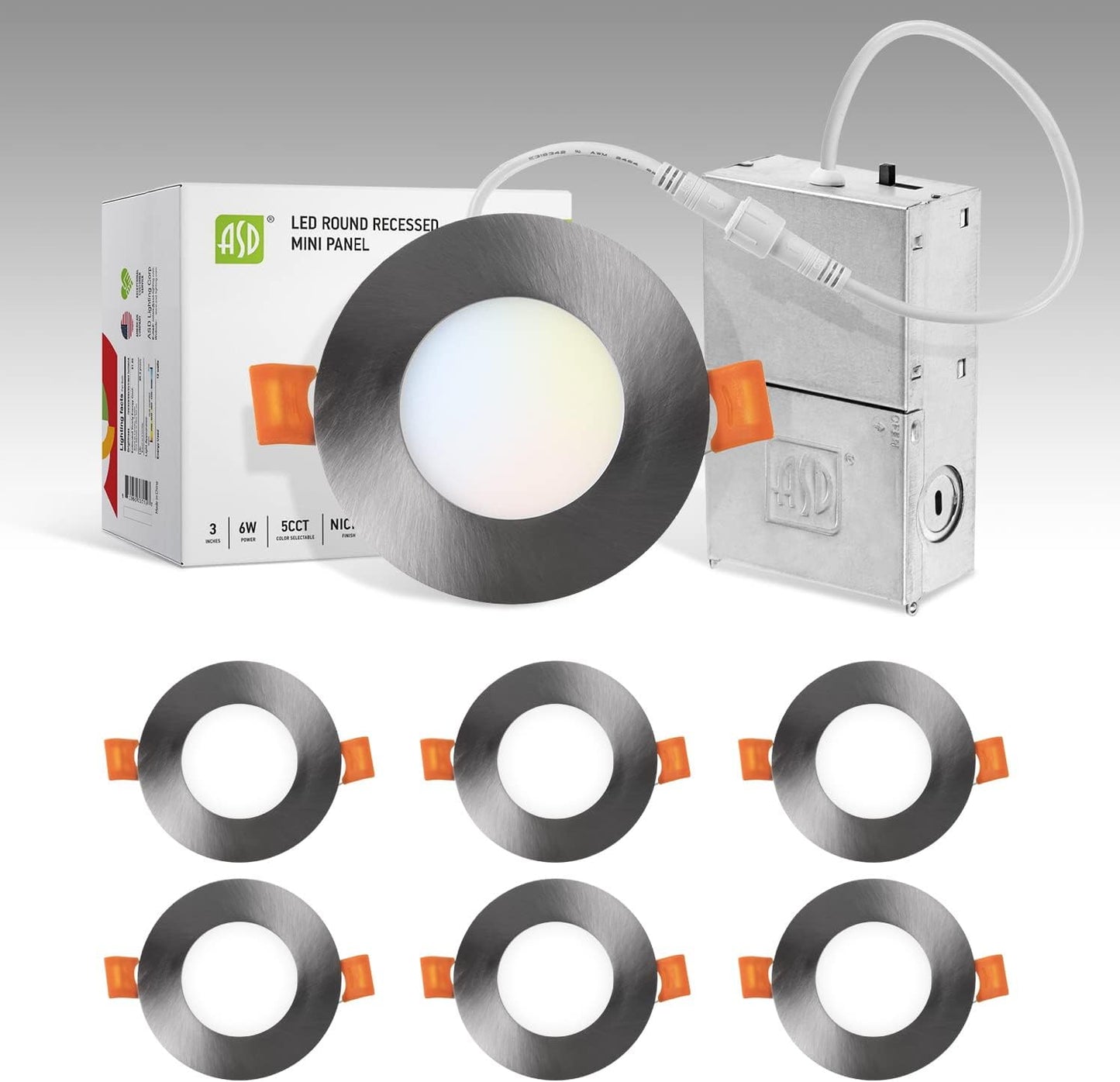 ASD Lighting LED Round Recessed Mini Panel 3" 6W 120V Dimmable CCT Selectable 2700/3000/3500/4000/5000K Brushed Nickel UL Energy Star 6pack