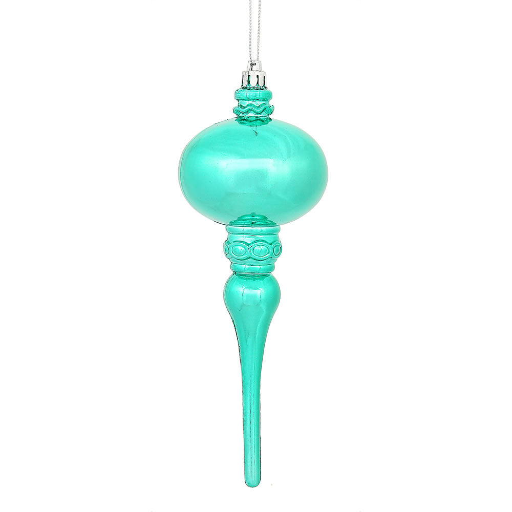 8" x 2.75" Teal Shiny Finial Ornament with drilled and wired caps. Comes 3 per Bag.