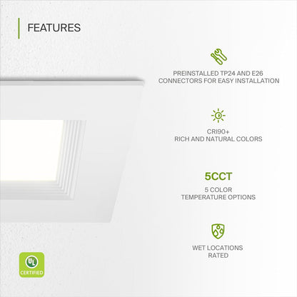 ASD Lighting LED Square Downlight Retrofit Kit 6" 12W 120V CCT Selectable 2700/3000/3500/4000/5000K Dimmable PC, Baffle Trim, White UL 6pack