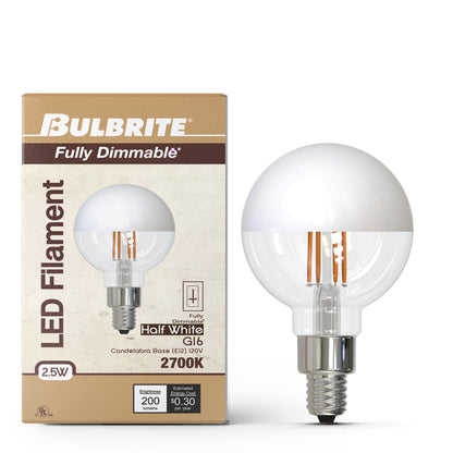 Bulbrite 862066 LED Filament Pack of (2) 2.5 Watt Dimmable G16 Light Bulb with Half White Glass Finish and Candelabra (E12) Base - 2700K (Warm White Light), 200 Lumens