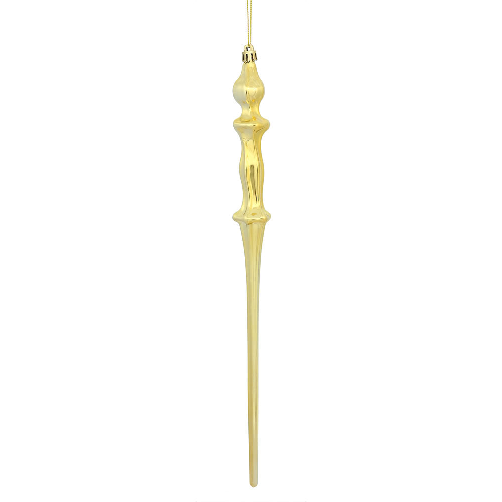 Vickerman 15.7" Gold Shiny Icicle Ornament with drilled and wired caps. Comes 3 per Box.