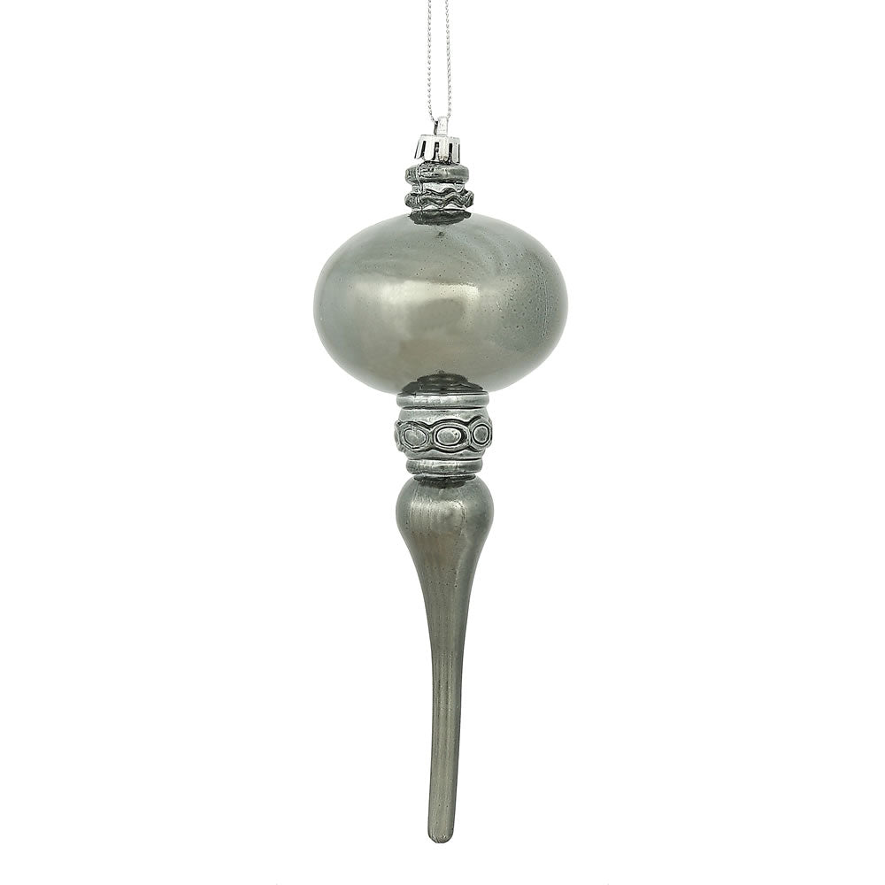 8" x 2.75" Pewter Shiny Finial Ornament with drilled and wired caps. Comes 3 per Bag.