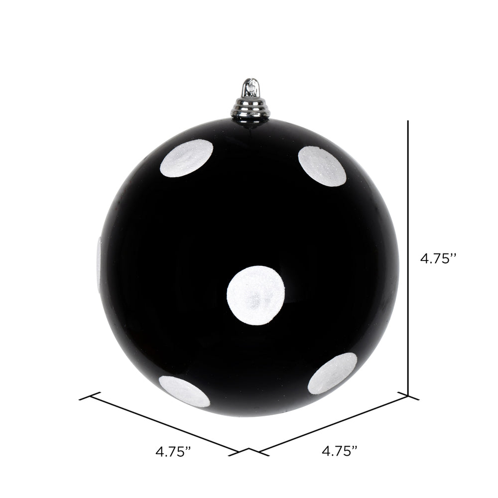 Vickerman 4.75" Black Candy FInish Ball Ornament with White Glitter Dots 4 per Bag