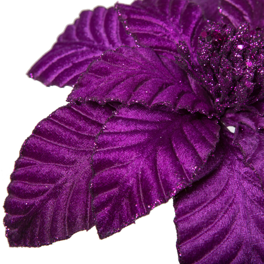 Vickerman 22" Purple Velvet Glitter Trim Poinsettia 6 per bag.