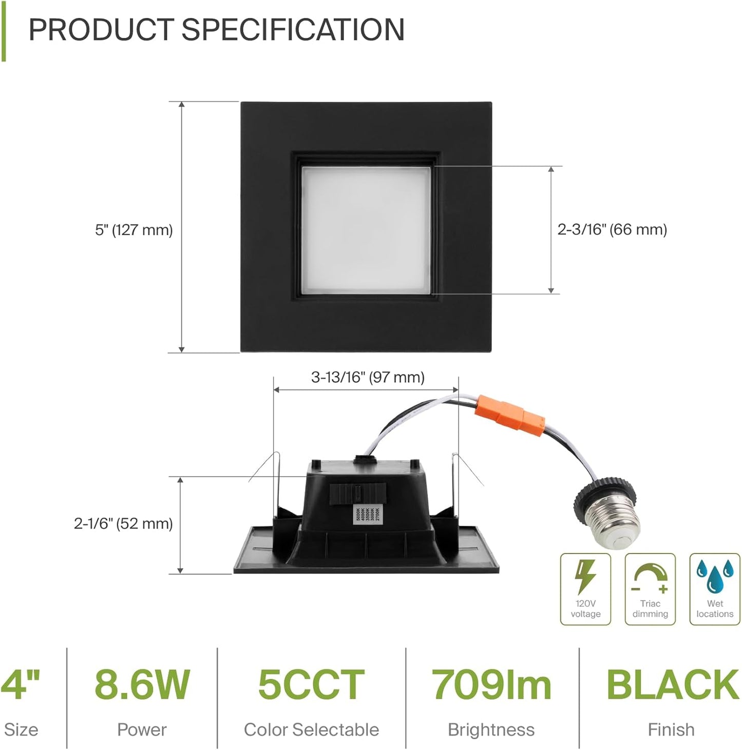 ASD Lighting LED Square Downlight Retrofit Kit 4" 8.6W 120V CCT Selectable 2700/3000/3500/4000/5000K Dimmable PC, Baffle Trim, Black UL 6pack