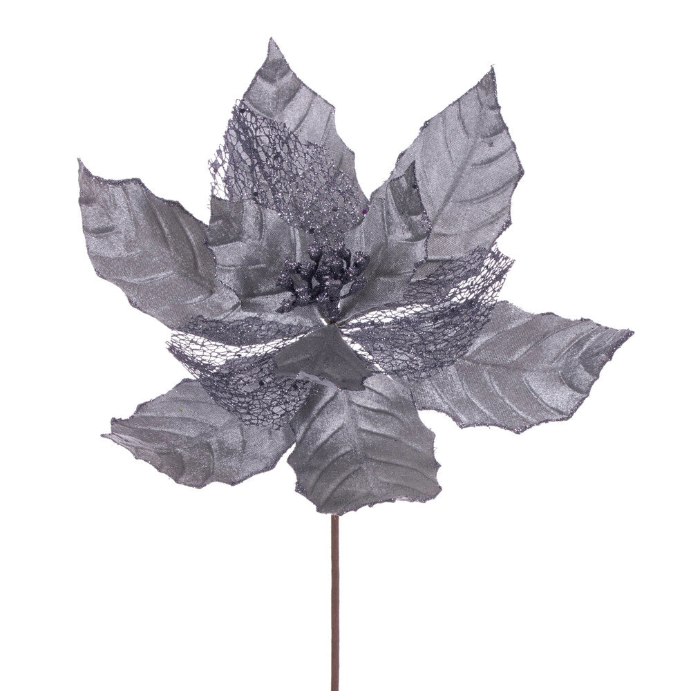 Vickerman 11" Pewter Velvet and Glitter Mesh Poinsettia Flower on Stem 6 per bag.