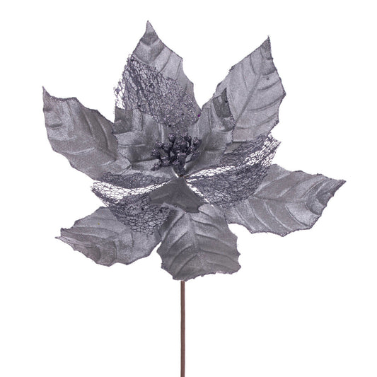 Vickerman 11" Pewter Velvet and Glitter Mesh Poinsettia Flower on Stem 6 per bag.