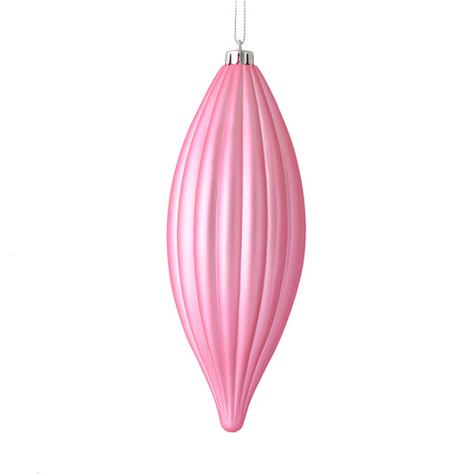 Vickerman 8" Pink Matte Line Finial 4/Bag. This ornament features a straight line design that will add texture to any holiday decorating project. Includes 4 pieces per bag.