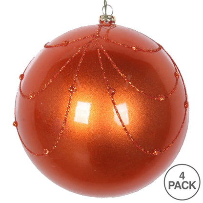 Vickerman 4" Burnish Orange Candy Finish Curtain Ornament with Glitter Accents 4 per Bag