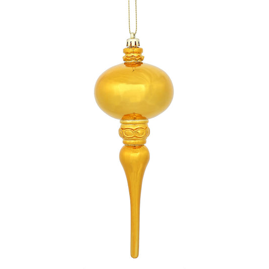 8" x 2.75"  Antique Gold Shiny Finial Ornament with drilled and wired caps. Comes 3 per Bag.