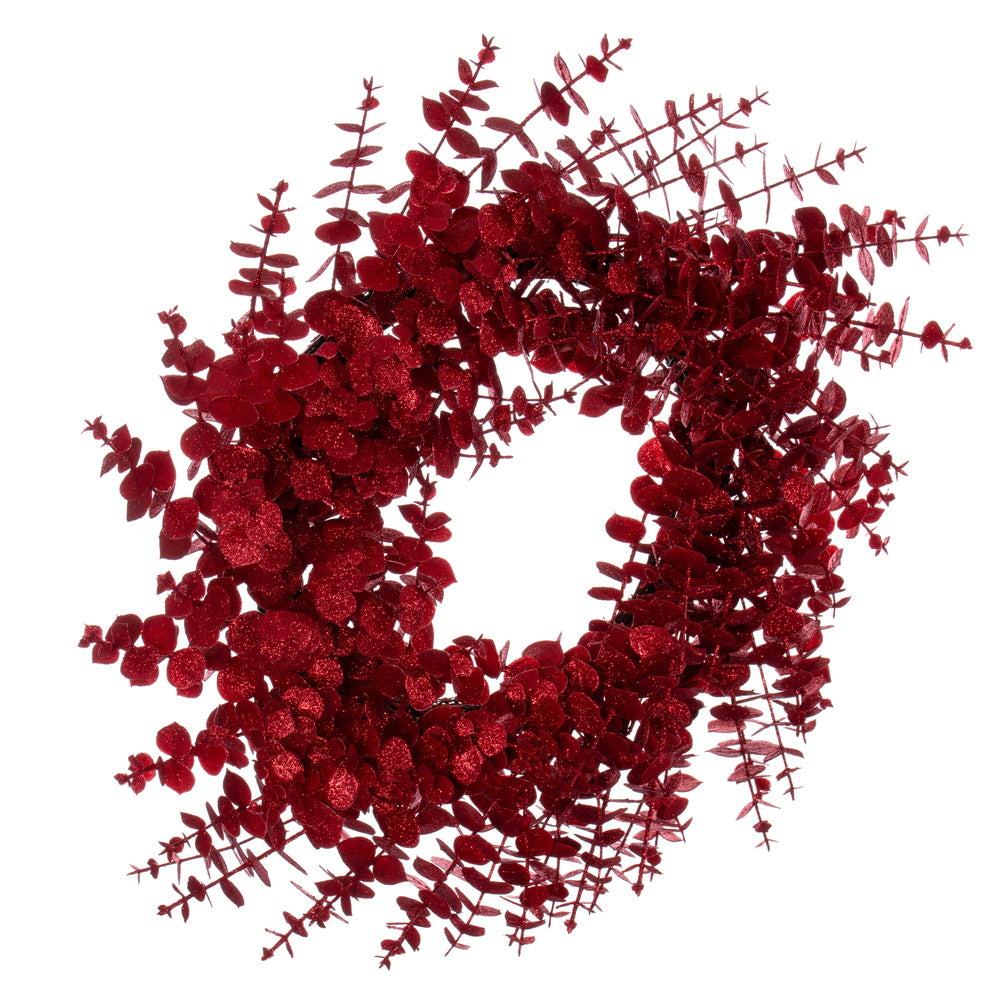 Vickerman 24" Red Artificial Eucalyptus Glitter Wreath.