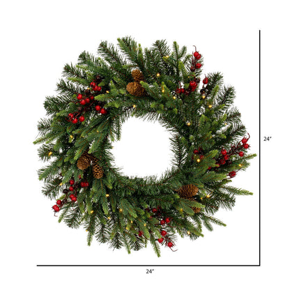 Vickerman 24" Berry Mixed Pine Cone Artificial Pre-Lit Wreath Battery Operated LED Warm White Lights
