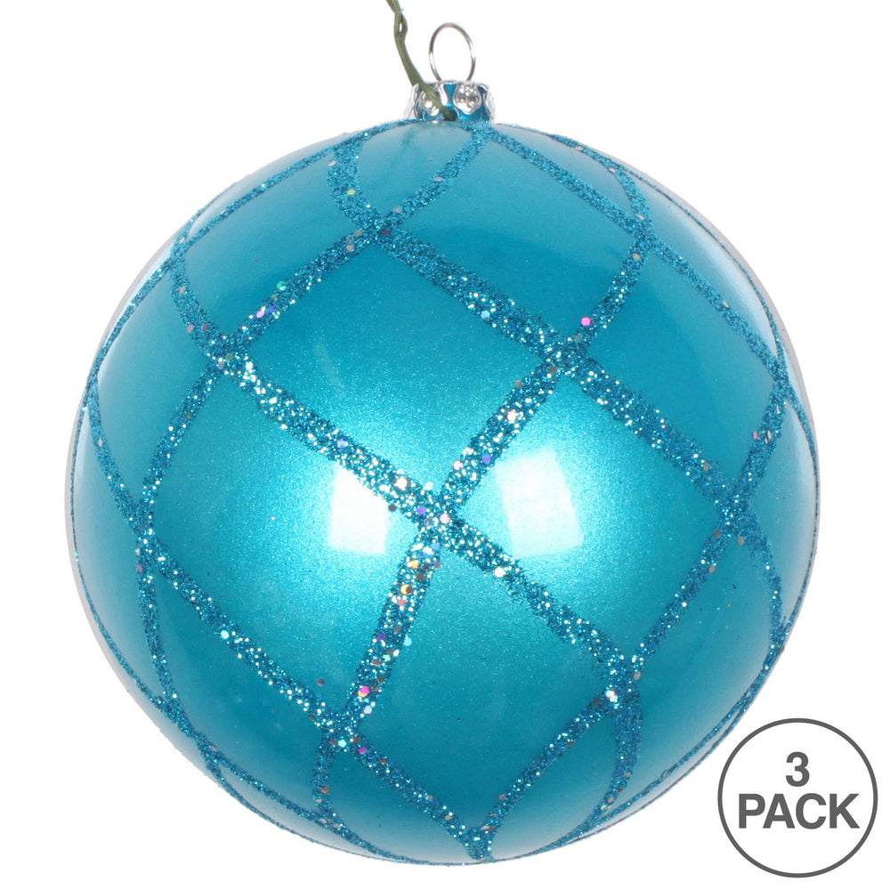 Vickerman 4" Turquoise Candy Glitter Net Ball Ornament 3 per Bag
