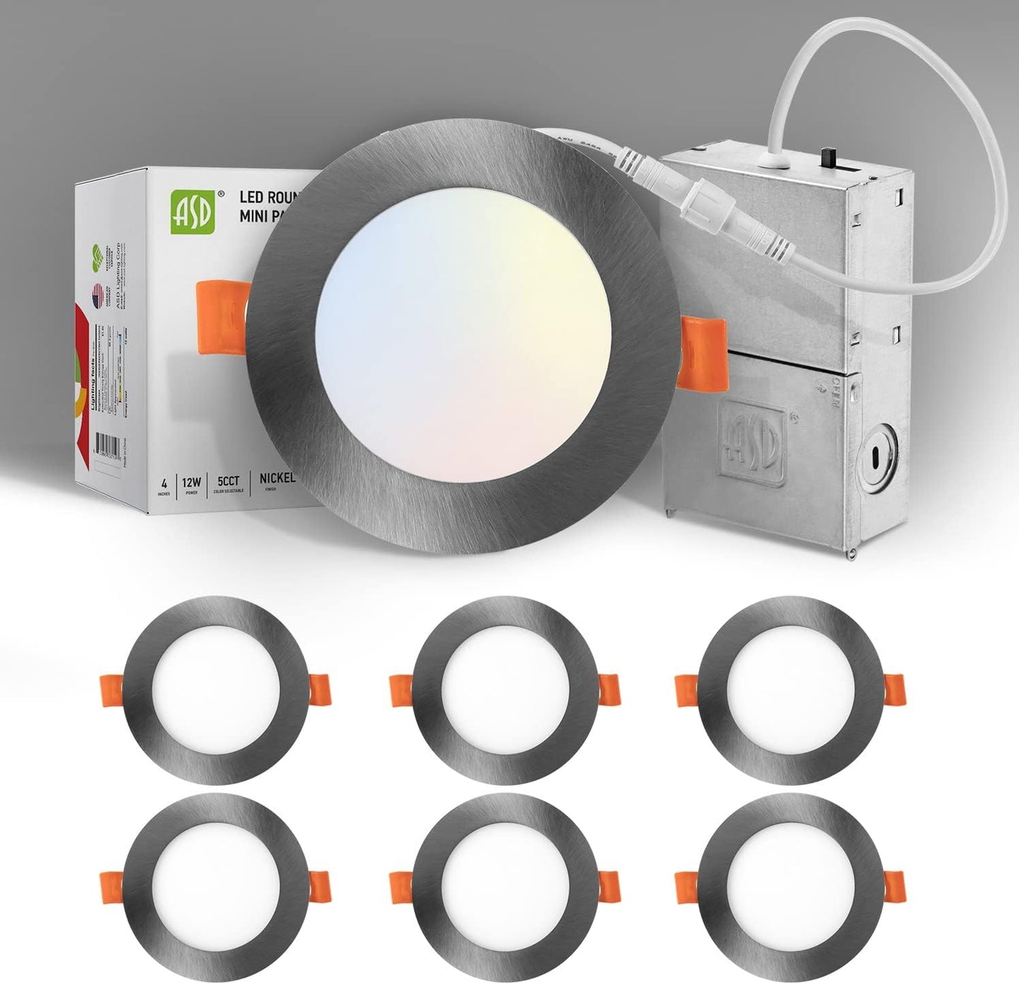 ASD Lighting LED Round Recessed Mini Panel 4" 12W 120V Dimmable CCT Selectable 2700/3000/3500/4000/5000K Brushed Nickel UL Energy Star 6pack