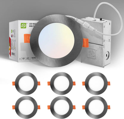 ASD Lighting LED Round Recessed Mini Panel 4" 12W 120V Dimmable CCT Selectable 2700/3000/3500/4000/5000K Brushed Nickel UL Energy Star 6pack