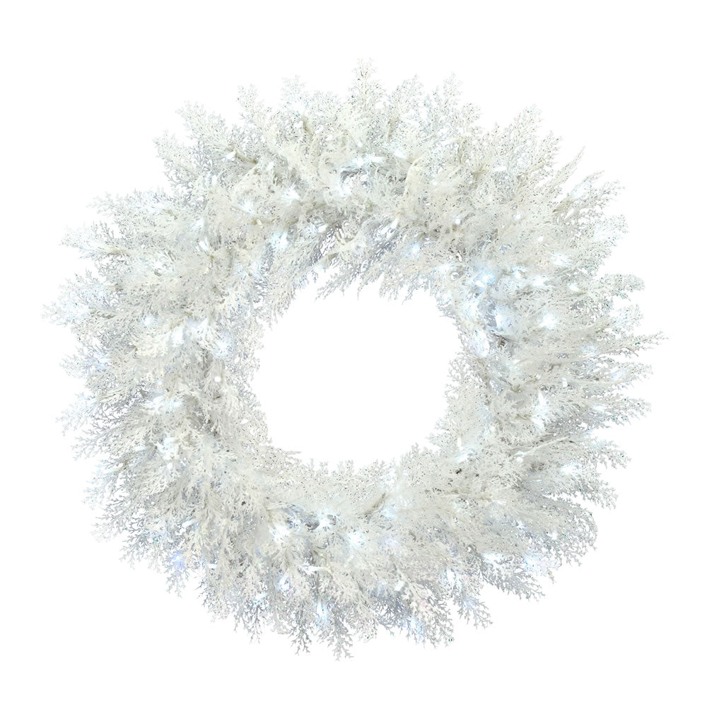Vickerman 30" Flocked Cedar Pine Artificial Christmas Wreath Pure White Low Voltage LED Wide Angle Lights.