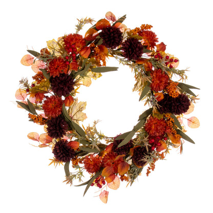 Vickerman 20" Orange and Burgundy Artificial Mixed Mum Chinese Lantern and Berry Wreath.