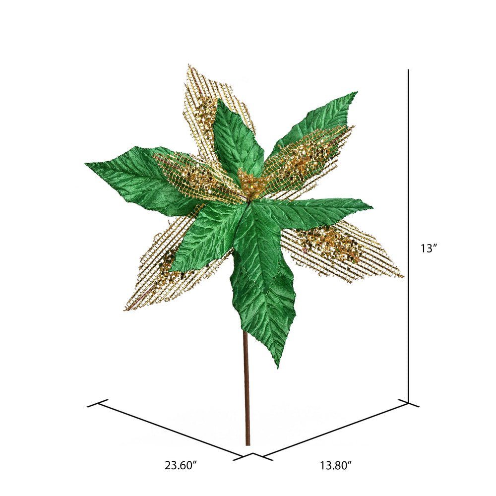Vickerman 13" x 23" Green Poinsettia Mesh Glitter Artificial Christmas Spray. Includes 6 sprays per pack.