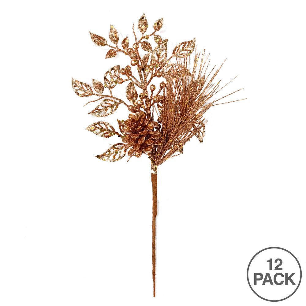 Vickerman 10" Honey Gold Pinecone Glitter Leaf Artificial Christmas Pick 12 per Bag