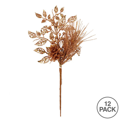 Vickerman 10" Honey Gold Pinecone Glitter Leaf Artificial Christmas Pick 12 per Bag