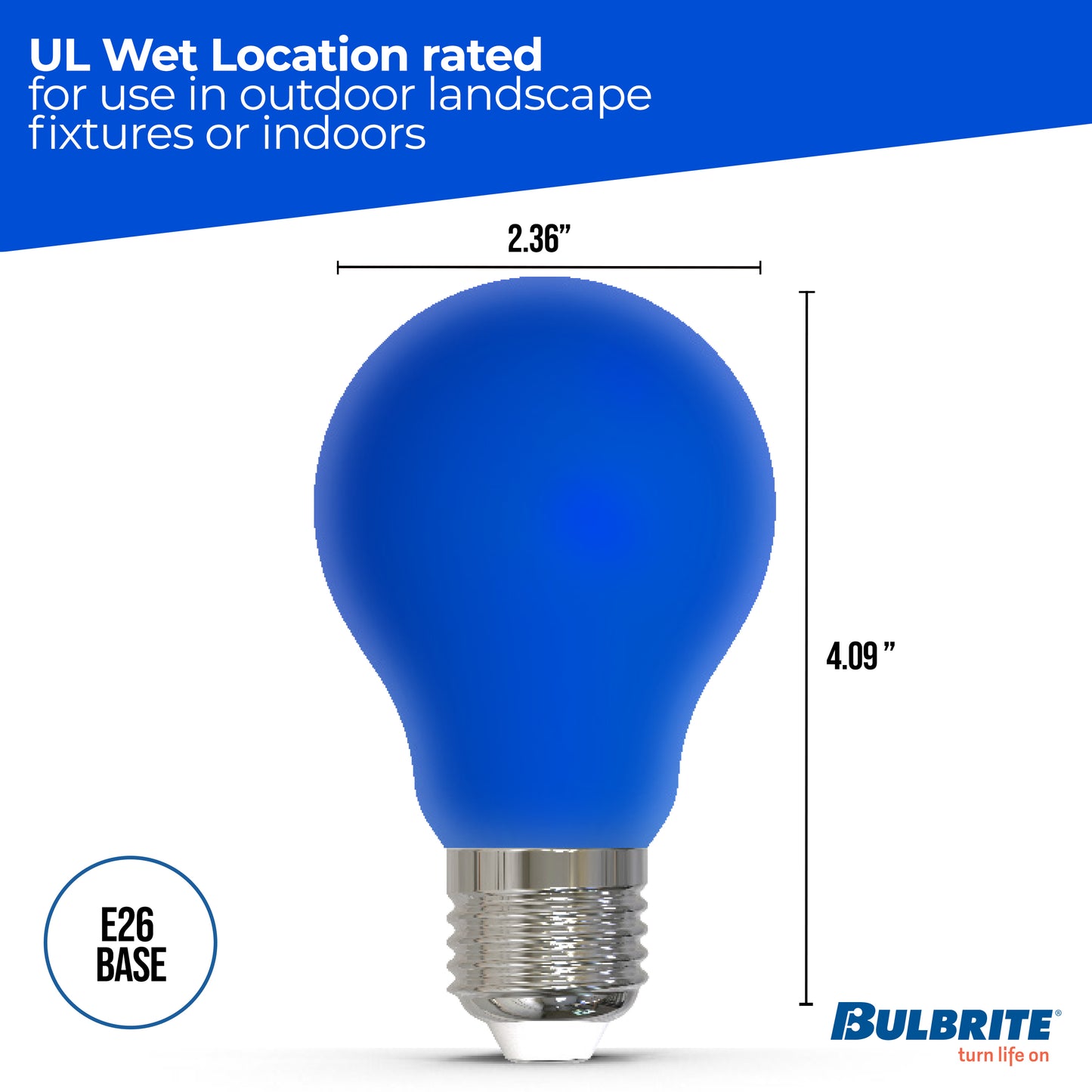 Bulbrite 776109 25-Watt Equivalent Ceramic Blue Color A19 Weatherproof Outdoor E26 Medium Base LED Light Bulb