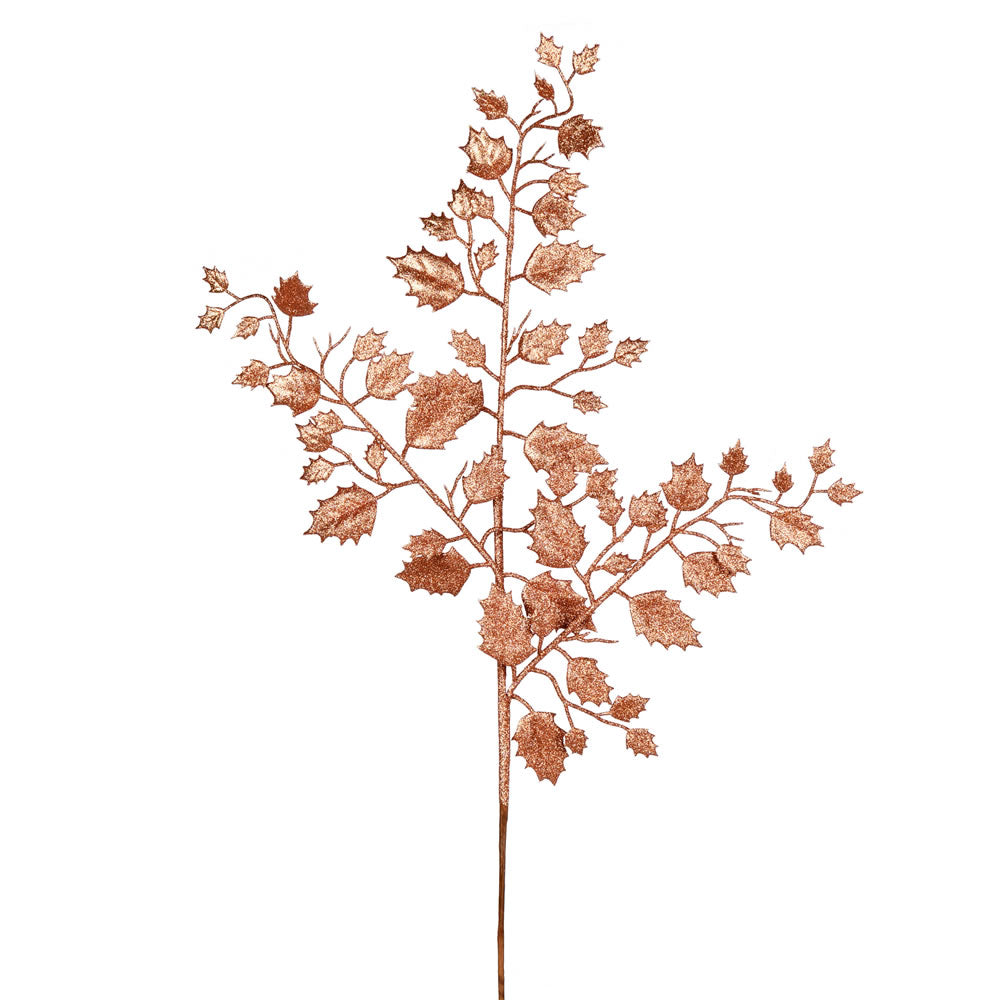 Vickerman 27" Rose Gold Glitter Holly Leaf Artificial Christmas Spray. Includes 12 sprays per pack.