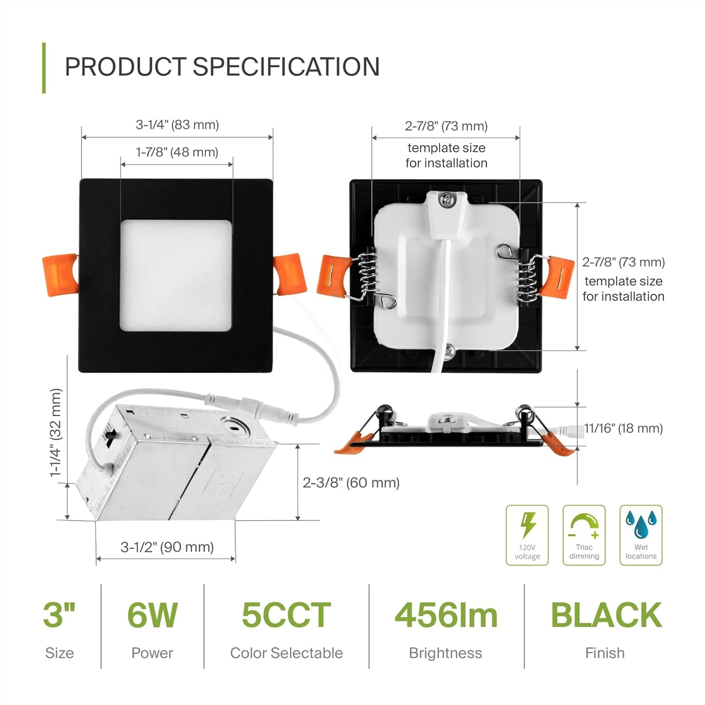 ASD Lighting LED Recessed Mini Panel Square 3inch 6W 120V Triac 2700/3000/3500/4000/5000K Black UL Energy Star 6 pack