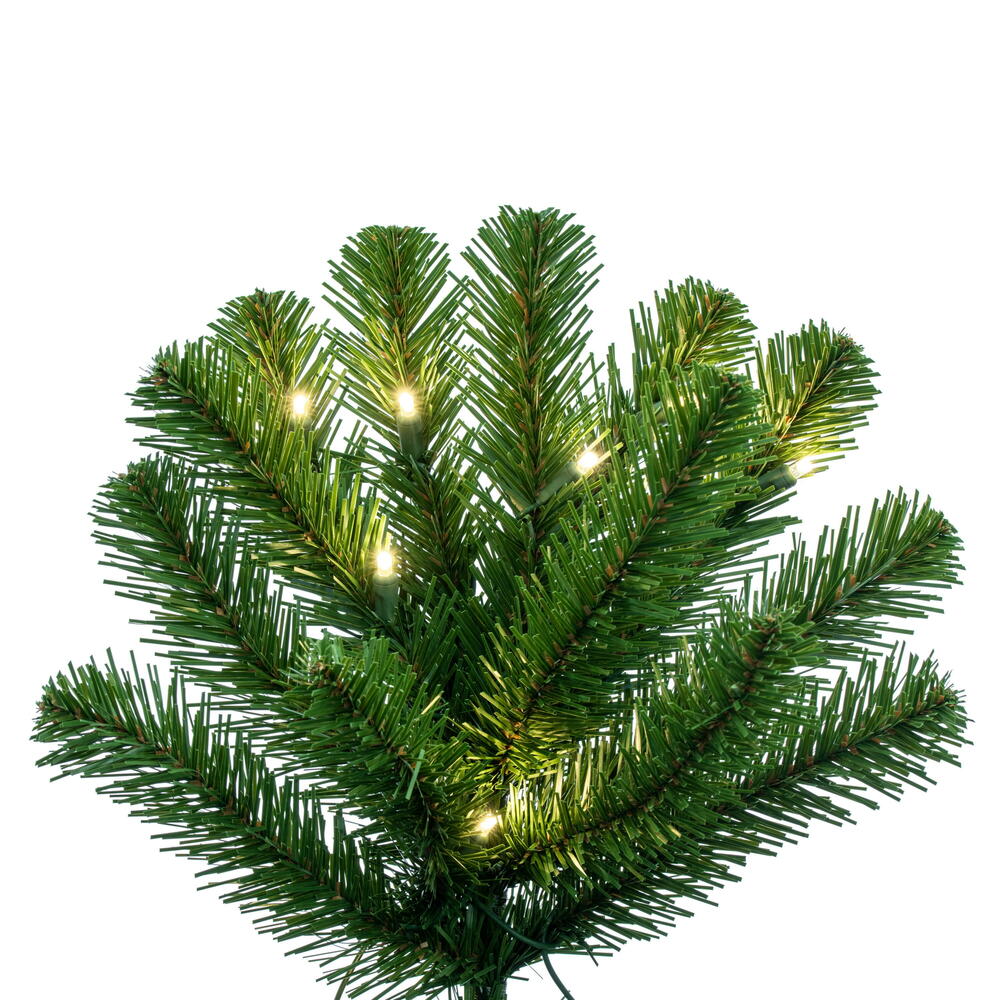 Vickerman 7.5' x 42" Deluxe Sequoia Pine Artificial Slim Pre-Lit Christmas Tree with 750 Warm White LED 5MM Lights. It measures 90 inches tall and 42 inches wide, which is considered a Slim profile. This tree boasts 1349 PVC tips for a realistic look. Pre