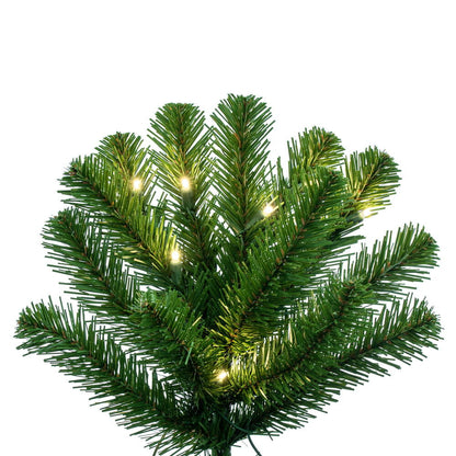 Vickerman 7.5' x 42" Deluxe Sequoia Pine Artificial Slim Pre-Lit Christmas Tree with 750 Warm White LED 5MM Lights. It measures 90 inches tall and 42 inches wide, which is considered a Slim profile. This tree boasts 1349 PVC tips for a realistic look. Pre