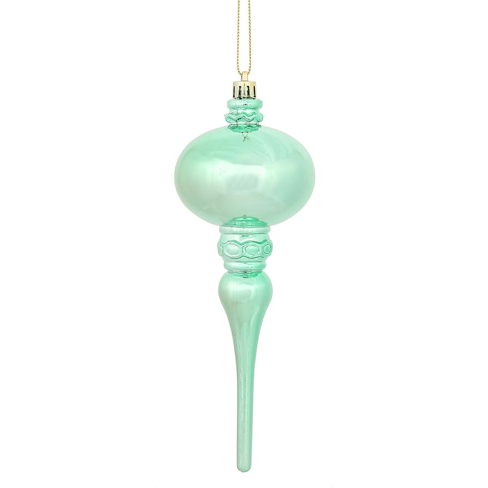 Vickerman 8" x 2.75" Seafoam Shiny Finial Ornament with drilled and wired caps. Comes 3 per Bag.