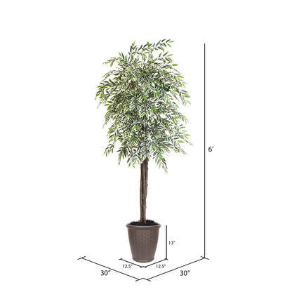 Vickerman 6' Artificial Varigated Smilax Deluxe Tree Brown Round Plastic Container.