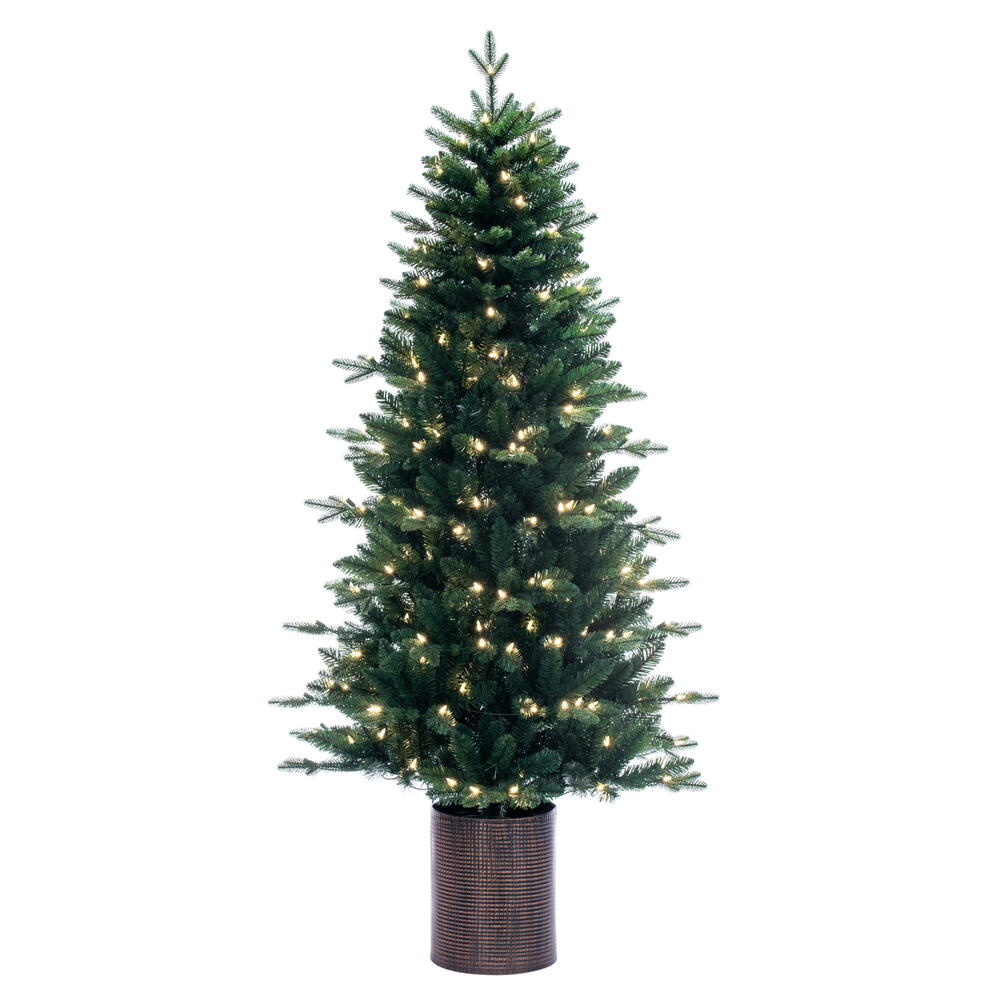 Vickerman 6' x 39" Potted Spruce Artificial Full Pre-lit Christmas Tree with 200 Dura-Lit® Warm White LED Mini Lights. It measures 78 inches tall and 39 inches wide, which is considered a slim profile. This tree boasts 811 tips for a realistic look. Pre-l