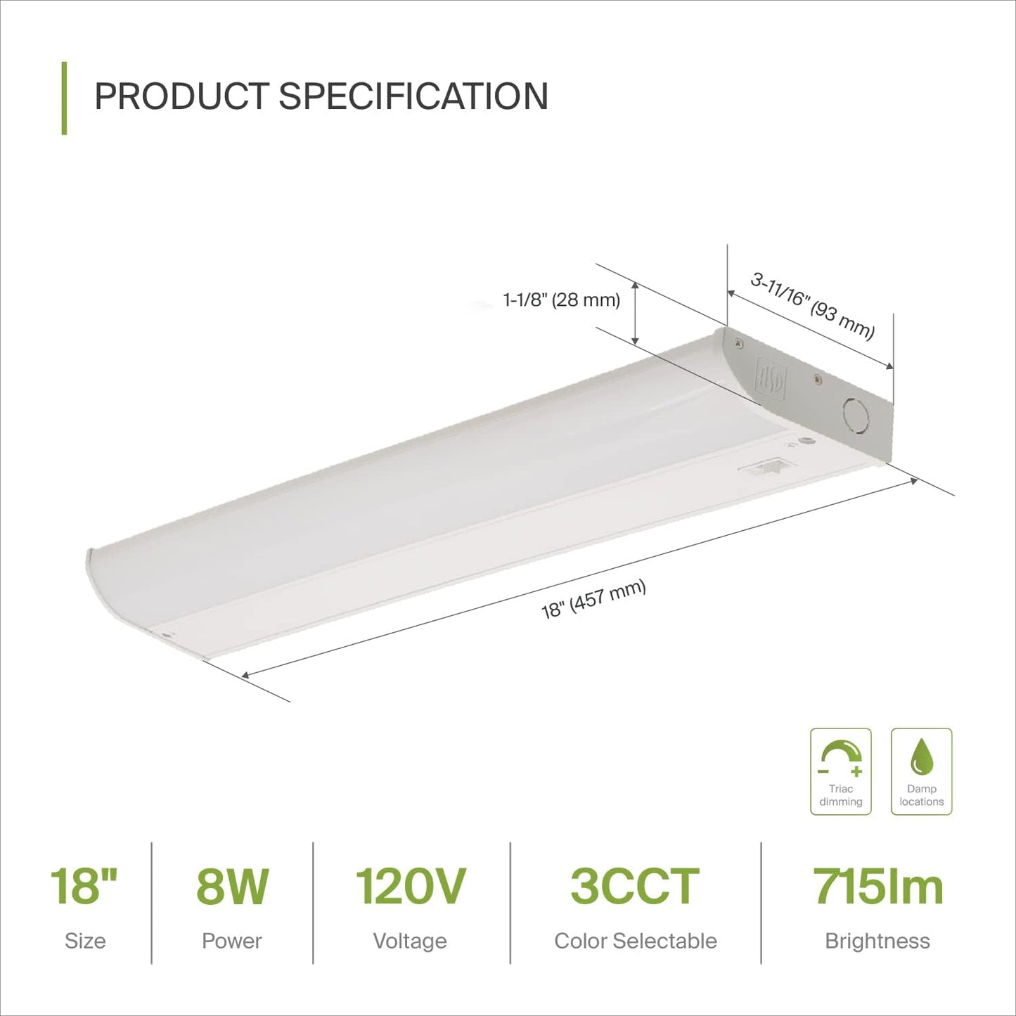 ASD Lighting LED Under Cabinet Bullnose 18" 8W 120V Dimmable CCT Selectable 3000/4000/5000K Hardwired, On/Off Switch, White ETL Energy Star