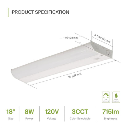 ASD Lighting LED Under Cabinet Bullnose 18" 8W 120V Dimmable CCT Selectable 3000/4000/5000K Hardwired, On/Off Switch, White ETL Energy Star