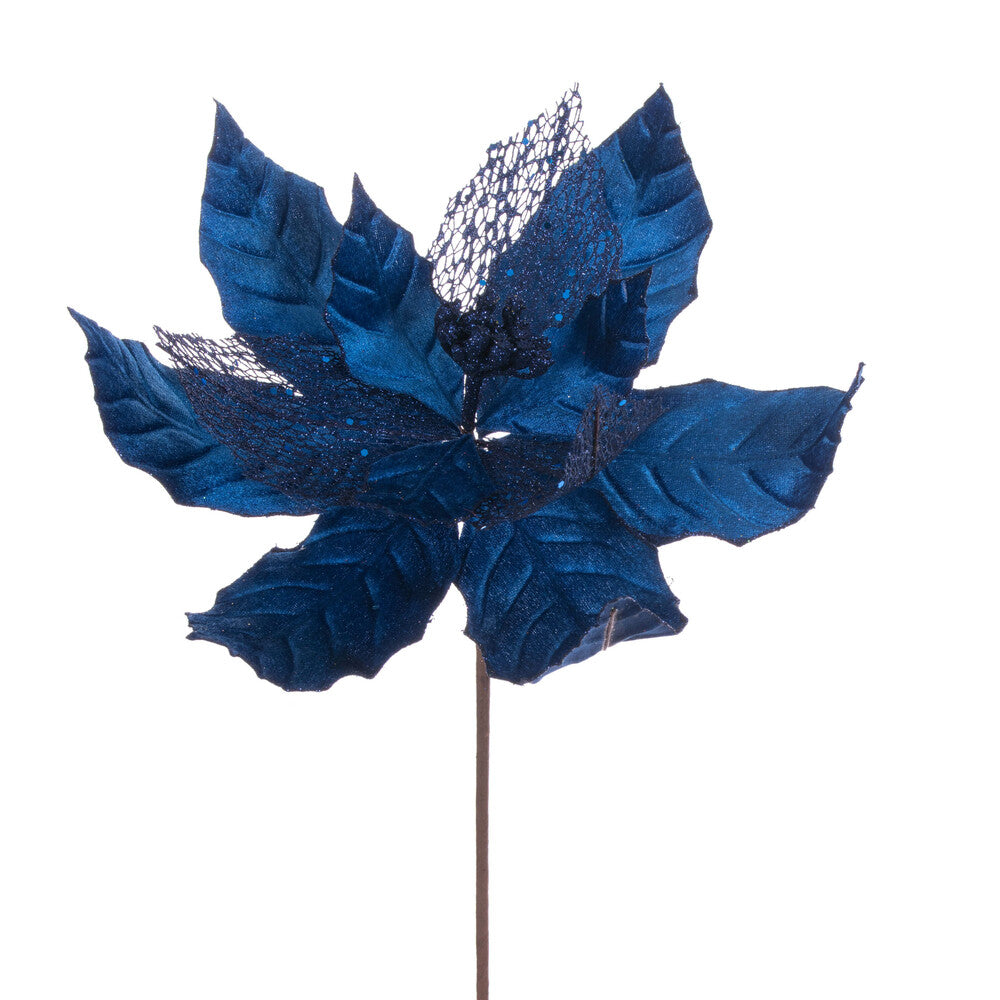 Vickerman 11" Midnight Blue Velvet and Glitter Mesh Poinsettia Flower on Stem 6 per bag.