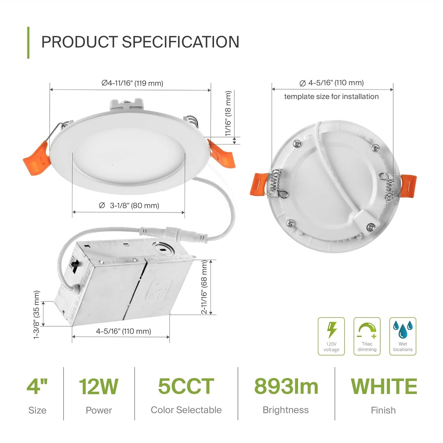 ASD Lighting LED Recessed Mini Panel Round 4inch 12W 120V Triac 2700/3000/3500/4000/5000K White UL Energy Star 12 pack