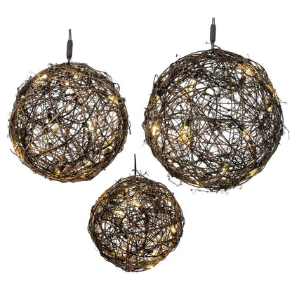 Vickerman 60Lt LED Warm White 3Pc Rattan Ball Set, 20Lt x 8" Ball, 20Lt x 10" Ball, 20Lt x 12" Ball, each with Brown Wire and 6' Lead Cord. UL approved.
Brown shipping Box with Color label.